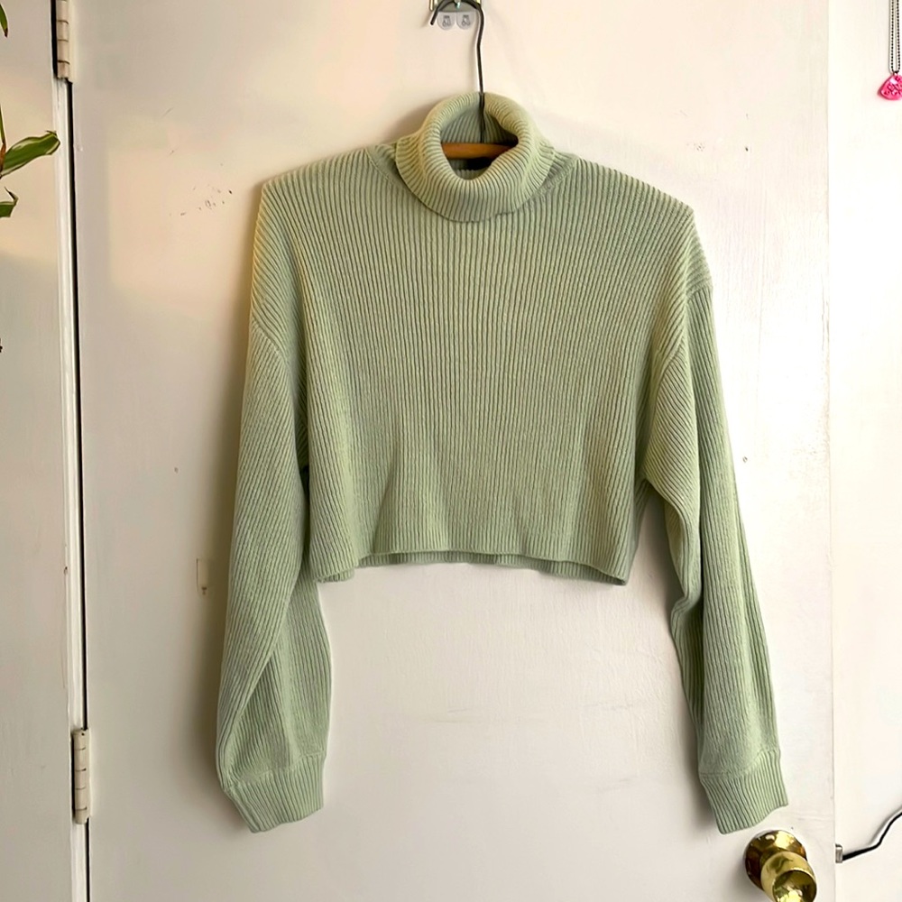 Divided cropped drop shoulder turtleneck sweater